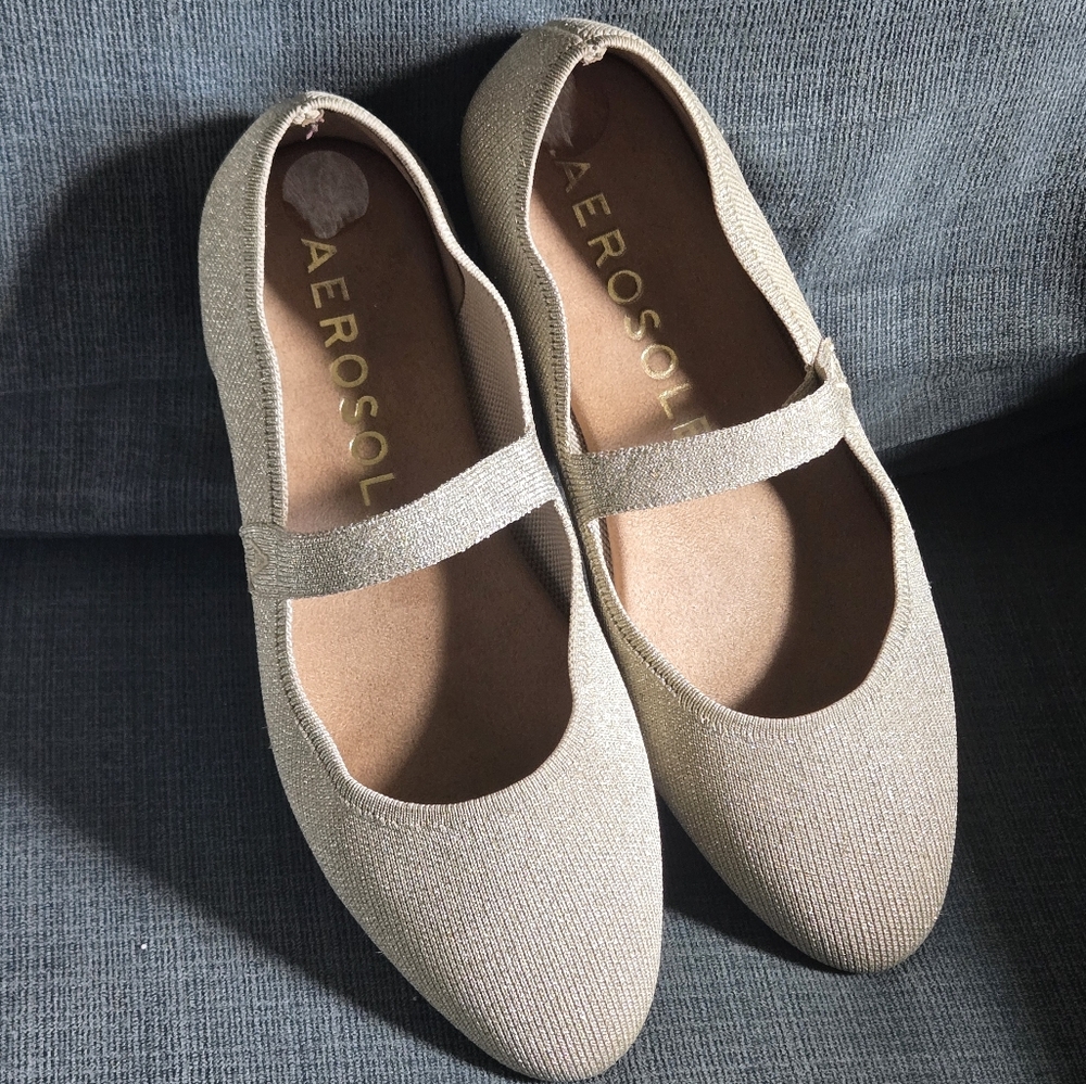 Aerosoles Mary Jane Flats in Gold Metallic Knit Size 10